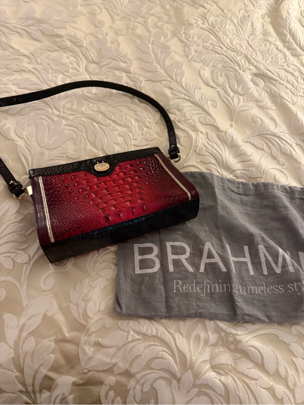 Vintage Brahmin Red and Black Croc-Embossed Leather Crossbody